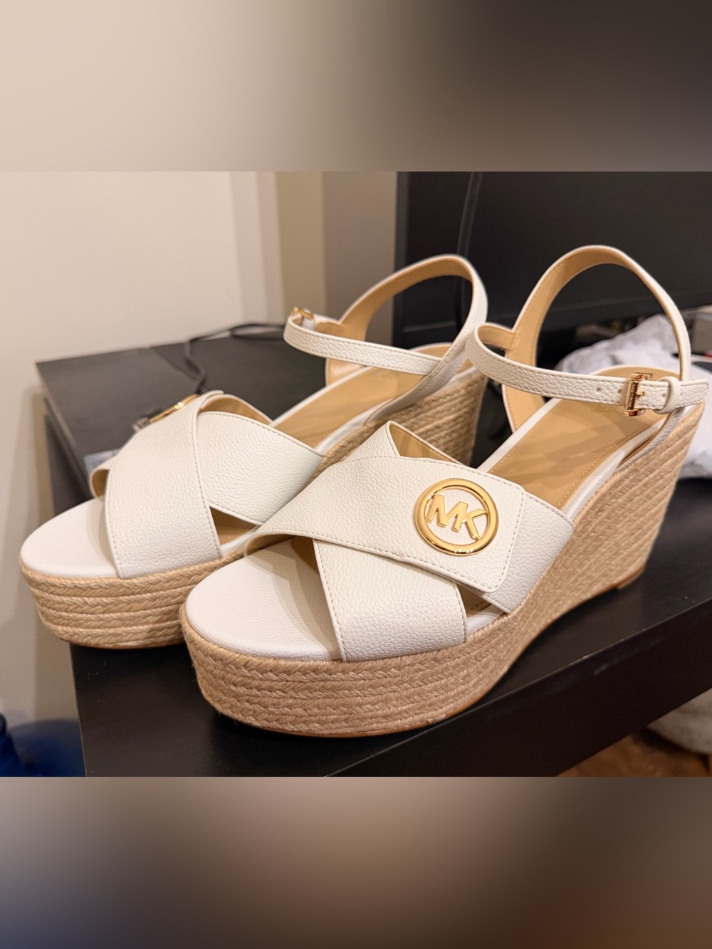 Michael Kors White Leather Platform Wedge Sandals with Gold MK Accent